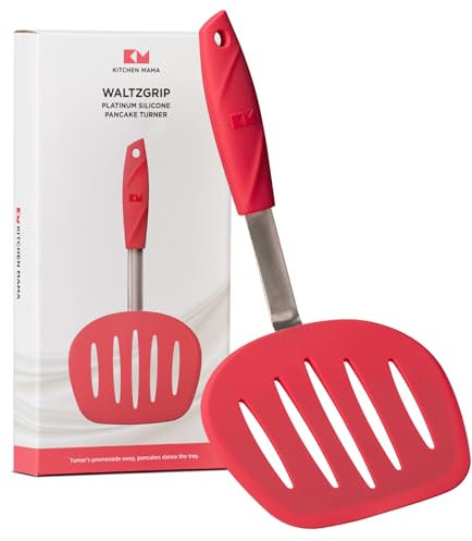 Kitchen Mama WALTZGRIP Platinum Silicone Pancake Spatula Turner: Heat-Resistant, Wide Slotted Tapered Head Stainless Steel Core. Durable, Dishwasher-Safe, Flipping Cooking Needs, Wok Use (Red)
