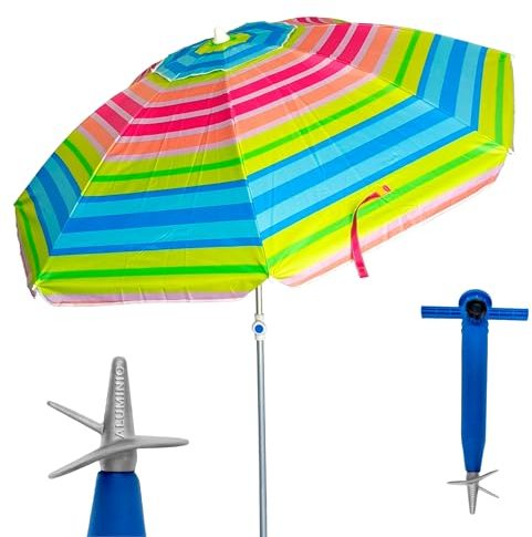Pincho Sombrilla Playa Grande 200 cm, Antiviento con Protección UV50+, Tubo de Aluminio y 8 Varillas de Fibra de Vidrio, Reclinable con Ventana Superior, Incluye Pincho con Punta de Aluminio