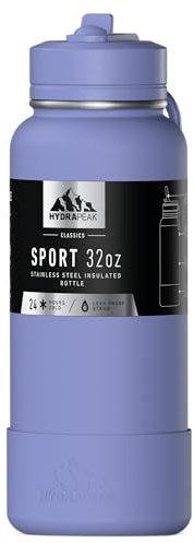 Hydrapeak Botella de agua deportiva de 32 onzas con tapa con popote, a prueba de fugas y derrames, mantiene las bebidas frías durante 24 horas y el calor durante 12 horas, acero inoxidable de alta