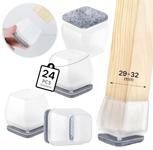 RCHYFEED 24PCS Silicone Chair Leg Floor Protectors, Transparent Furniture Leg Caps Cups with Felt Pads for Protecting Hardwood Floors from Scratches, Sliders Table Leg Cover-Square