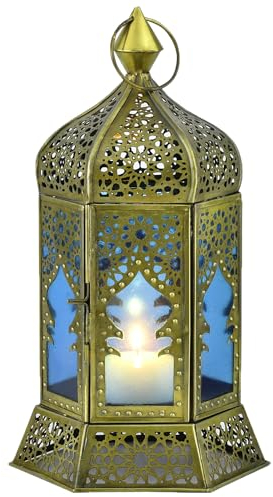 Marrakech Photophore décoratif bohème en métal et verre labib bleu 30 cm | Lanterne orientale comme décoration marocaine pour balcon, jardin ou salon | Décoration de jardin pour l'extérieur