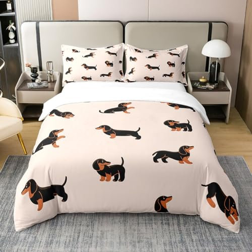 Loussiesd Karikatur Hund Bettwäsche Set 220x240cm 100% Baumwolle Dackel Bettbezug Set Kinder Kleinkind Jungen Süße Welpen Bettwäsche-Set Wurst Weiner Hund Bettbezug Beige für Kinder Jungen Mädchen