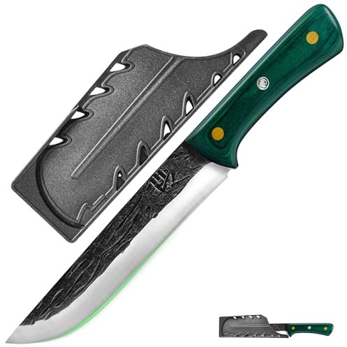 FULLHI Cuchillo Deshuesador de Acero al Carbono con Mango de Madera y Funda, Cuchillo de Cocina para Deshuesar, Pescar, Acampar, Barbacoa, etc. (Verde, 18cm)
