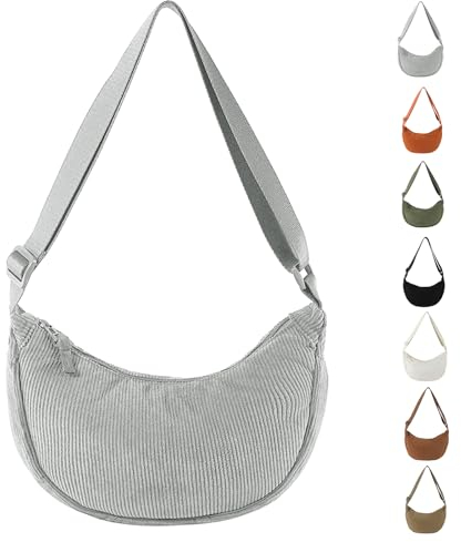 Damen Cord Crossbody Bag, Halbmond Tasche Cord Umhängetasche, Damen Halbmond Tasche Schultertasche Mit Schultergurt Einstellbar Lässige Umhängetasche aus Kord für jeden Anlass (Grau)