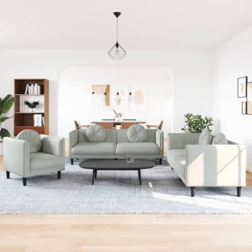 Juroupi 3-TLG. Sofagarnitur mit Kissen Sofa Wohnzimmer Sitzgruppe Wohnzimmer Sofa Set Sofas FüR Wohnzimmer Hellgrau Samt
