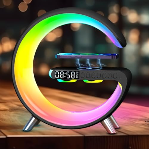 RANJIMA LED Nachttischlampe mit Ladefunktion, LED Tischlampe Drahtloses Ladegerät AtmosphäRenlampe, Bluetooth Lautsprecher, Led Wecker, Dimmbare Nachtlicht Touch Lampe (Groß G Schwarz)