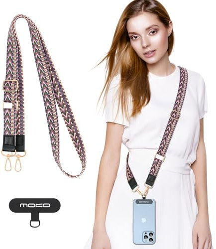 MoKo Universal-Handy-Lanyard, geflochtene Handykette, Umhängeband, Diebstahlschutz, abnehmbares Damen-Handy-Lanyard um den Hals mit Patches für iPhone, die meisten Smartphones – Violett