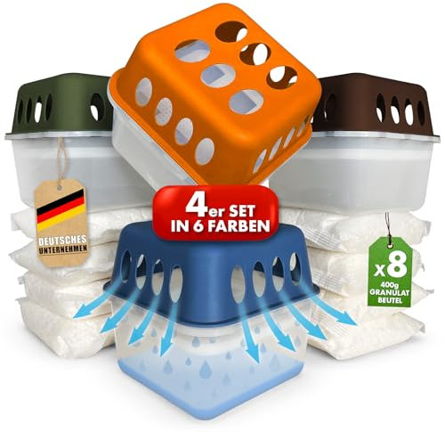 KARAT 4 x Luftentfeuchter mit 8 x 400g Nachüll-Beutel Granulat Raumentfeuchter nachfüllbar & wiederverwendbar (Grün, Hava)