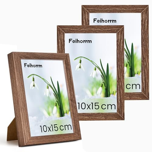 Feihorrm Bilderrahmen, 10x15 cm Fotorahmen aus Eiche, Mit gehärtetem Glas, Fotorahmen aus Massivholz, Geeignet für Wand- und Tischdisplays (Dunkel Braun, 10x15 cm/ 3x)