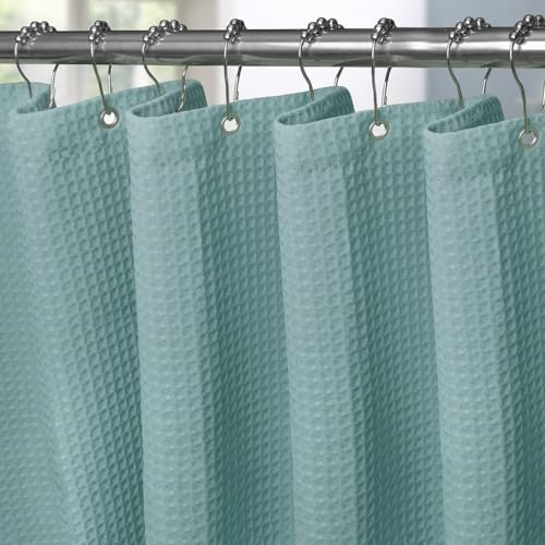 VANZAVANZU Waffel Duschvorhang mit Metall Duschvorhangringe Stoff Textil Badewannenvorhang Anti Schimmel Bad Vorhang Set Wasserdicht Schwerer Badewanne Vorhang - 122 x 182cm (Türkis)