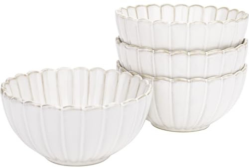 AmiCera Cereal Bowl, 750ml Soup Bowls, 15.5cm Petal Shape Large Bowl, Set of 4, Ceramic Bowls for Rice Dessert Salad Snack Noodle,White and Gold, Dishwasher & Oven Safe, Microwavable