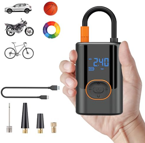 GlauStalos Tyre Inflator Air Compressor, Cordless Portable Electric Bike Pump 150 PSI for Compact Car, with Digital Tire Pressure Gauge, LED Light, Tyre Pump for Car, Bike, Motorbike, Ball