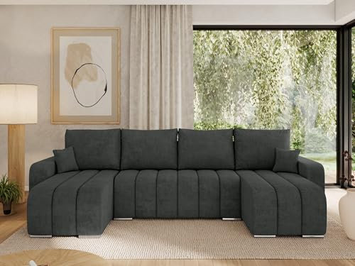 MKS MEBLE Sofa mit Schlaffunktion - Ecksofa mit Schlaffunktion und Bettkasten - Sofa 3 4 5 Sitzer - Schlafsofa - Couch - Schlafsofa mit Bettkasten - Kirasso U -Dunkelgrau Struktur