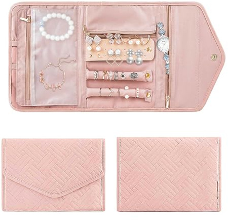 FUZVOL Travel Jewellery Organiser Roll, Foldable Jewelry Storage Roll Bag case for Journey-Rings, Necklaces, Earrings, Bracelets, Large Capacity, Portable and Practical Pink