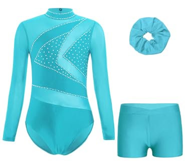 YiZYiF Body Ginnastica Ritmica Bambina Manica lunga con Pantaloncini Copricapo Sportiva da Allenamento Dancewear Blu verde 11-12 anni