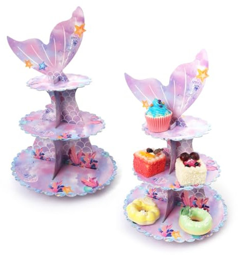 EAPMGQR 2Pcs 3 Tier Mermaid Cake Stand Cardboard Cupcake Stand 3 Tier Cupcake Dessert Holder Cardboard Round Tower for Afternoon Tea Cake Birthday Party Baby Showers