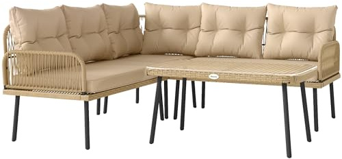 Outsunny Garten-Lounge aus Polyrattan, Gartenmöbel Set, 5-Sitzer, 2-Sitzer-Sofas, Eckstuhl, Tisch aus gehärtetem Glas und Kissen, für Terrasse, Balkon, Naturholzoptik