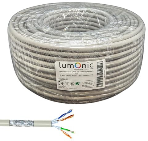 Lumonic Cable de red CAT 6 S/FTP 50m I CAT6 Cable de tendido gris doble apantallado PIMF I Cable LAN Gigabit Ethernet de hasta 250 MHz I 4x2xAWG26/1 R
