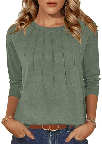 Zeagoo Womens Tops Long Sleeve T Shirts Casual Crew Neck Pleated Tunic Tops | Solid Color Shirts | Fall Lightweight Tshirts | Basic Tunic Tops | Elegant Loose T Shirt | Winter Fashion | S-XXL