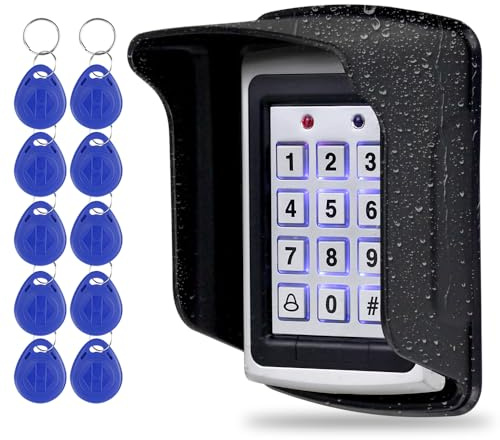 Fredorlokk 125 kHz RFID-Zugangskontrollsystem-Paket mit Metalltastenleser + wasserdichter Abdeckung + 10 blaue Schlüsselanhänger, unterstützt 1000 Benutzer, geeignet für Garagen, Büros und Haustüren