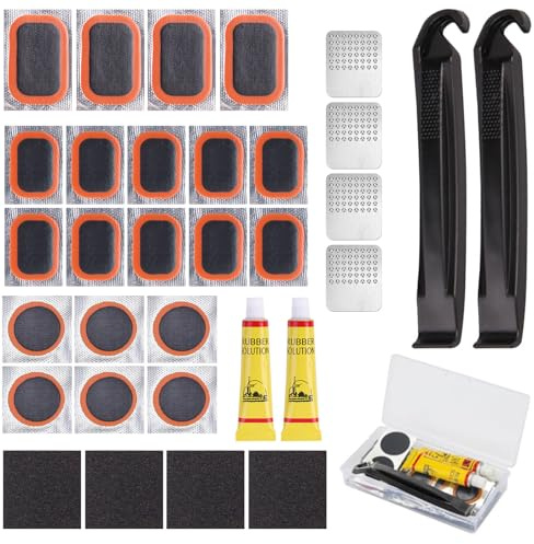 Kit Réparation Pneu Velo avec 20 Rustine Multi-Tailles, 2 Colle Rustine, 2 Demonte Pneu, 4 Lime Métallique et 4 Papier Abrasif, Étui Portable pour Réparer Chambres à Air de Vélo, Moto et Trottinette