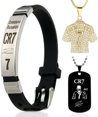 3 Stück Fußball Accessoire Set mit CR7 Armband Schwarzem und 3D Goldenem Anhänger Emblem Verstellbare für Fußballfans und Spieler Sportlicher Schmuck Armband Fußball Trikot Halskette 7 Fußball Kette