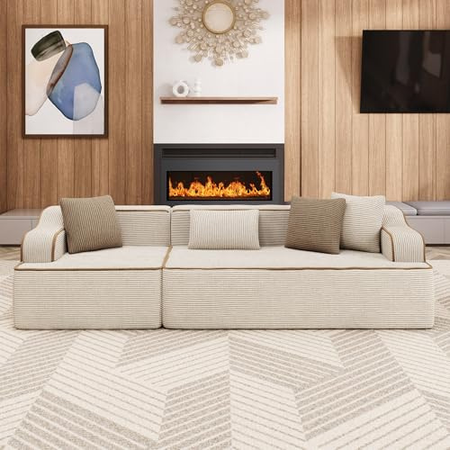 ALPHA HOME Sofa mit Schlaffunktion, 3 Sitzer Boneless Couch, Modulares Sofa mit 4 Zierkissen für das Wohnzimmer, Montagefrei, Cord, Beige