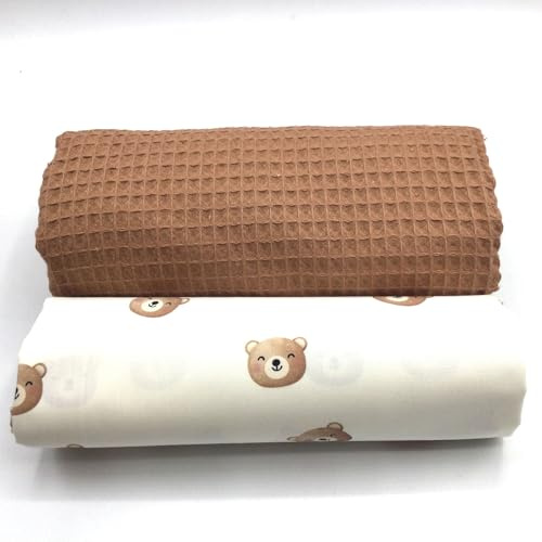 Waffelpique & Baumwollstoff Set – 2-teiliges Stoffpaket je 50 x 150 cm – 100% Baumwolle Oeko-Tex – zum Nähen von Wickelunterlagen, Kissen, Babyzimmer-Ausstattung uvm. (Süße Bären)