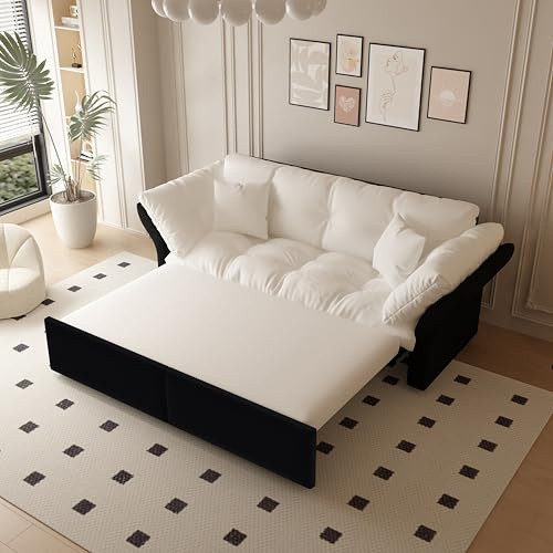 2 Sitzer Sofa, Schlafsofa 190 cm breit – konvertierbares Schlafsofa, 3-in-1 Couch mit schlaffunktion mit Tufting & 2 weichen Kissen | Multifunktionales Velours-Sofa Bed, Beige/Weiß
