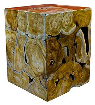 Kinaree Beistelltisch Teak Wurzelholz BAN HAU groß 45x40x40 cm — Hocker Blumenstaender Holzwuerfel aus Teak Wurzelholzscheiben — Baumscheiben Mosaik Nachttisch Wohnzimmer — handgefertigt Indonesien