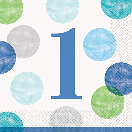 Unique Party Supplies 73302 Papierservietten - 16,5 cm - Blaue Punkte 1. Geburtstag - Packung mit 16 Stück, Blau