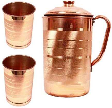 100% Pure Copper Jug Pitcher for Storage Water & Serving Ware Good Health Benefits Indian Yoga (Copper Jug (1600ml),2 Glass(300ml)))