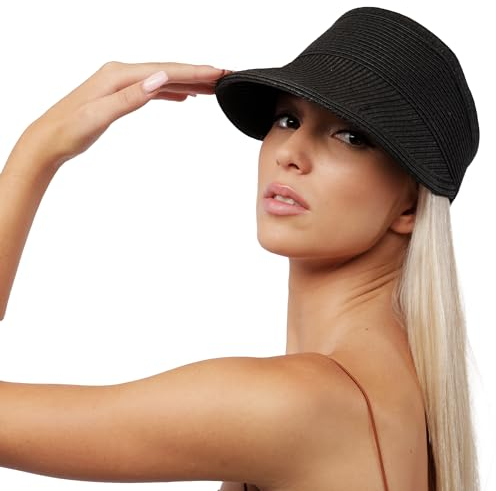 Sombrero Viseras Mujer Verano de Paja Vacío con ala Grande Gorra Pamela de Sol Playa Viaje Vacaciones (FR/ES, Letras, Talla única, Lu-239-Negro)