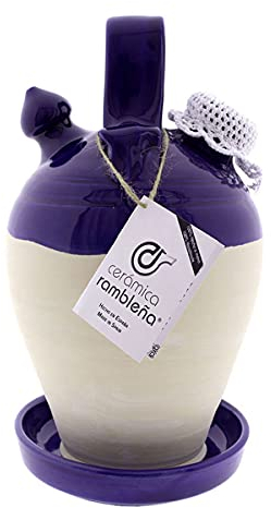 CERÁMICA RAMBLEÑA | Botijo de Barro Tradicional Filo Azul de La Rambla (Córdoba) | 100% Hecho a Mano | 4 litros | Eco | Accesorios INCLUIDOS