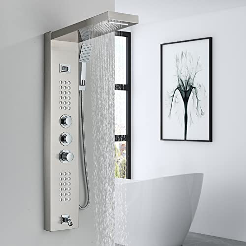 Colonne de Douche Thermostatique Hydromassante Acier Inoxydable Nickel Brossé 5 Fonctions (cascade et tête de douche de pluie, douche de poche, jets de massage, bec de baignoire)