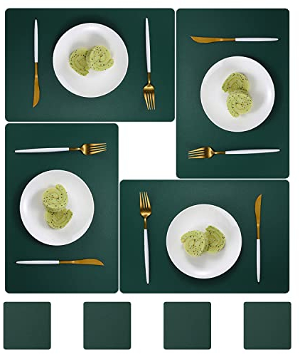 pigchcy Leather 45x30cm Placemats and Coasters Set of 4 PVC Heat-Resistant Waterproof Placemats Washable Wipeable Table Mats for Dining Room and Decor (Grass Green)