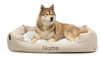 lionto Hundekörbchen mit flauschigem Wendekissen, kuscheliges Heimtierbett in meliertem Design mit tiefem Einstieg für Hunde & Katzen aller Größen, 110x80 cm, weiches Hundebett, beige (Namensaufdruck)