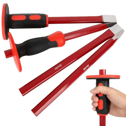RHBLME Lot de 4 burins de maçonnerie avec protection des mains, 30,5 cm – 2 burins à tête plate et 2 burins à tête pointue – Utilisé pour démolir la pierre de béton, la sculpture et la rupture