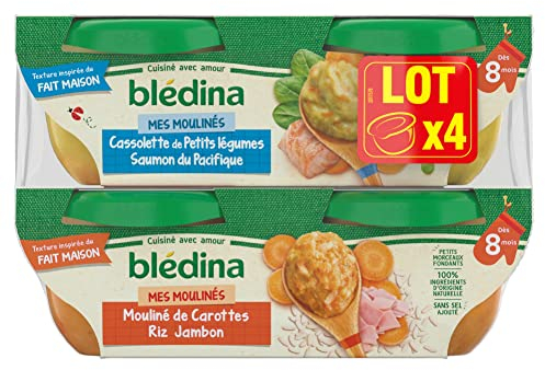 Blédina - Mes Moulinés - Repas Bébé dès 8 Mois - 6 Bols Carottes Riz Jambon et 6 Bols Petits Légumes Saumon - Le pack de 12x200g