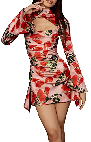 YUDATPG Robe traditionnelle chinoise Cheongsam sexy pour femme, robe longue à manches évasées, coupe ajustée, mini robe courte pour cocktail, club, soirée, Rouge, M