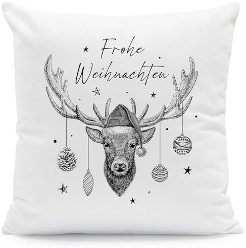GRAVURZEILE Kissen mit Weihnachtsmotiv - Frohe Weihnachten Hirsch - Weihnachtsdeko - Geschenke für Frauen und Männer - Zur Weihnachtszeit zum Wichteln und als Geschenk für Sie & Ihn - Mit Füllung