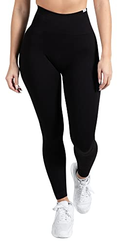 SMILODOX Leggings Damen High Waist Amaze RIPP, Blickdichte Sporthose aus Rippstoff, V-Shape Seamless Scrunch Sport Leggins, Squat-Sicher für Yoga Fitness & Alltag, Größe:S, Color:Schwarz