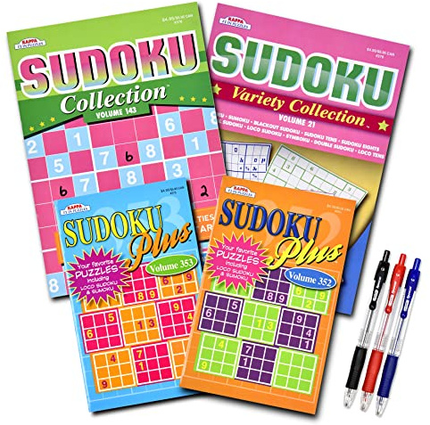 4-Pack 350+ Sudoku Puzzles for Adults, with Tips & Tricks, Puzzle Books for Adults & Seniors, Aging Seniors Brain Stimulation Activity Books, Large 8 X10 and Digest 5 X 8 Combo