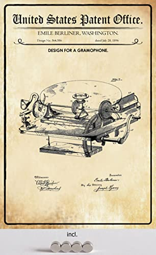 DekoDrom® Blechschild 20 x 30 cm US Patent Grammophon Schallplatten Musik historisches Motiv II mit Magnete Wand Deko Sammler Geschenk