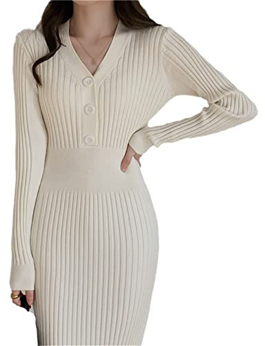 Zozogag Knitted Long Sleeve Dress Women Slim Bodycon Button V Neck Midi Ribbed Sweater Dress Cream White