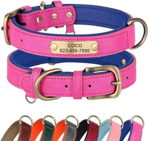 Didog PU Leather Dog Collar Personalized for Small Medium Large Dogs, Soft Padded Leather Dog Collar with Engraved Name Plate, Hot Pink, S