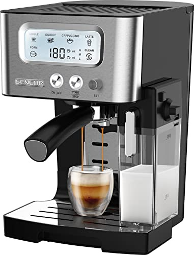 SENCOR - Cafetera espresso con espumador y depósito de leche, pantalla LCD, bomba italiana de 15 bares, Precalentamiento rápido, Thermoblock, Barista Express, Café en polvo o en cápsulas [4090SS]