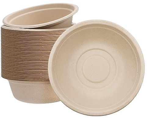 50 Bols Jetables 340ml Bol en Canne à Sucre,Bol en Carton Krafte,Biodégradable,Compostable Vaisselle Jetable Canne à Sucre Bols en Papier pour Pique-niques,Fêtes,Maison les Aliments Chauds et Froids