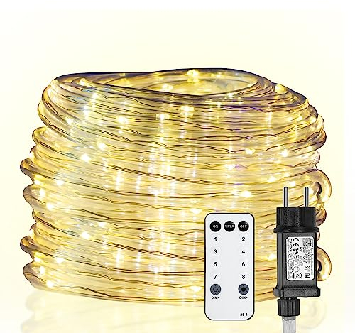 Yakimz 20m LED Lichtschlauch, 200LEDs Lichterschlauch, Lichterkette Wasserdicht mit Fernbedienung und Timer, für Outdoor Balkon, Terrasse, Hochzeit, Party, WarmWeiß Lichtschläuche