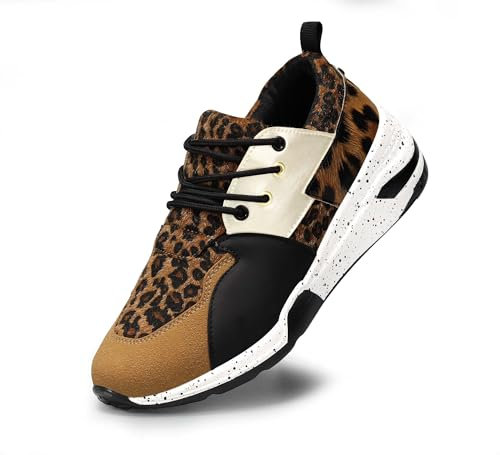 LUCKY STEP Damen-Sneaker mit hohem Absatz und Keilabsatz, modische Cliff-Plattform, Retro-Schnür-Freizeitschuhe (Brauner Leopard, 9US-39EU-6UK)